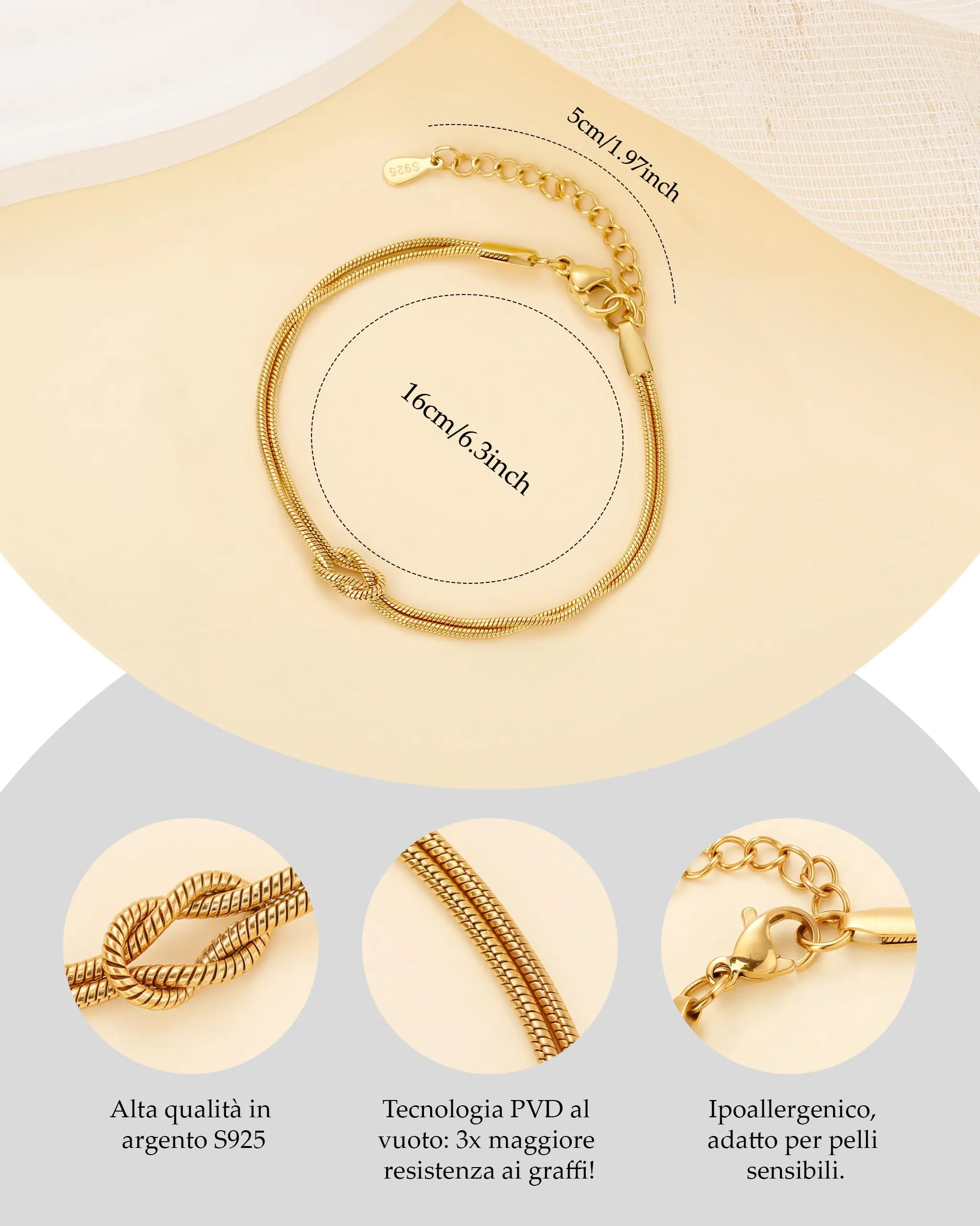 J.Fée Bracciale Nodo d'Amore in Argento 925, Oro, Regolabile 21cm - immagine 5