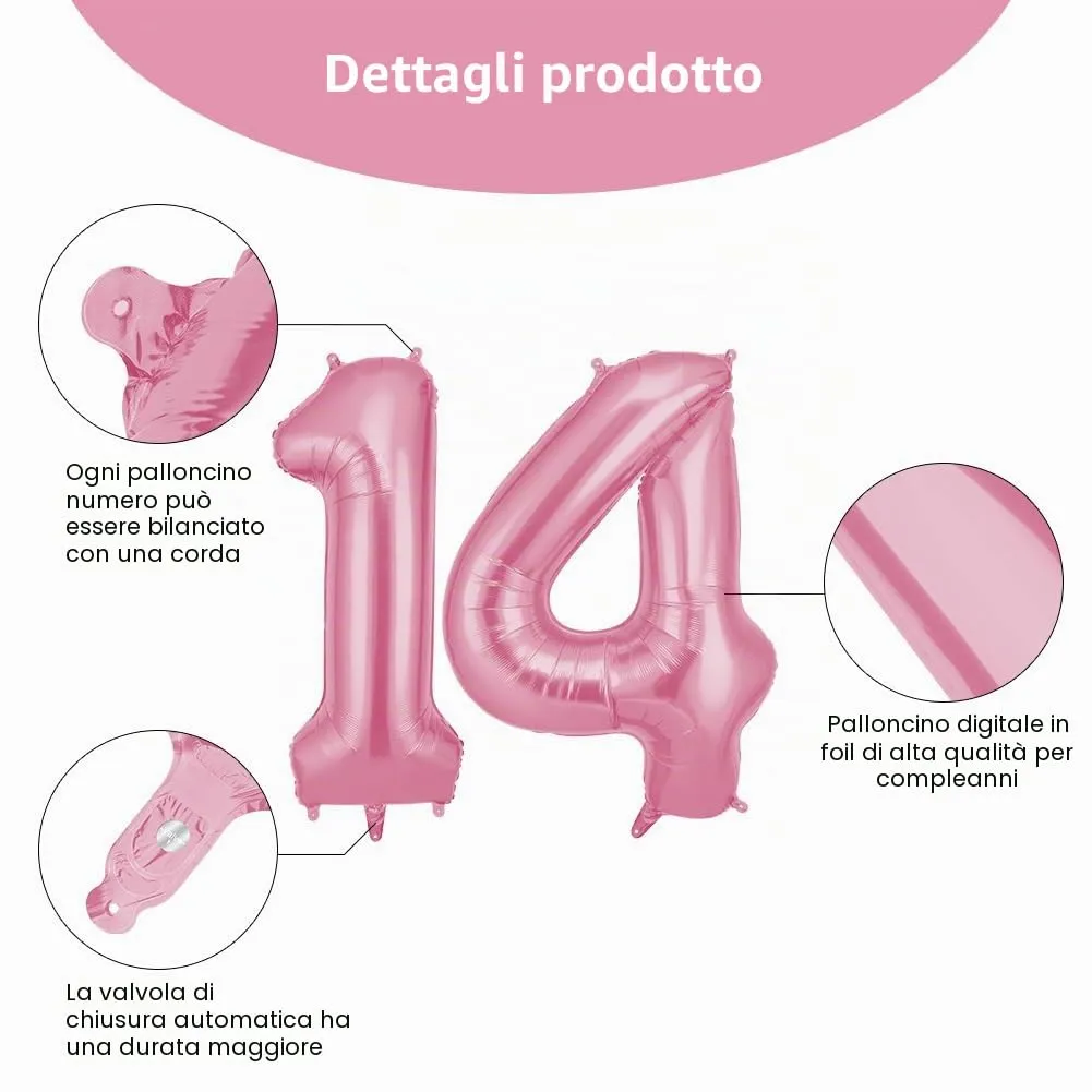 OFFCUP Palloncini Compleanno Rosa Numero 14/41, 101 cm - immagine 3