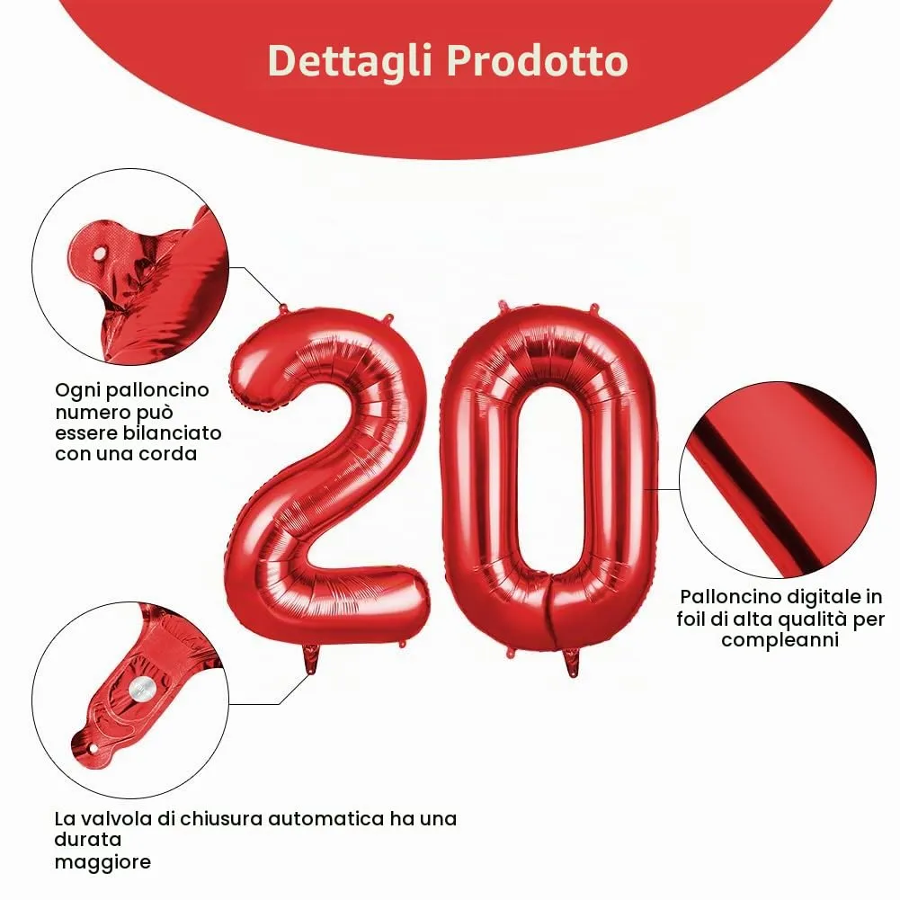 OFFCUP Palloncini Compleanno Numero 20, Rosso, 101 cm - immagine 3