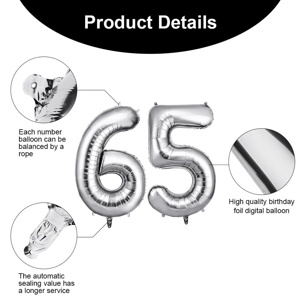 OFFCUP Palloncini Compleanno Argento 101 cm, Numero 65/56 - immagine 3