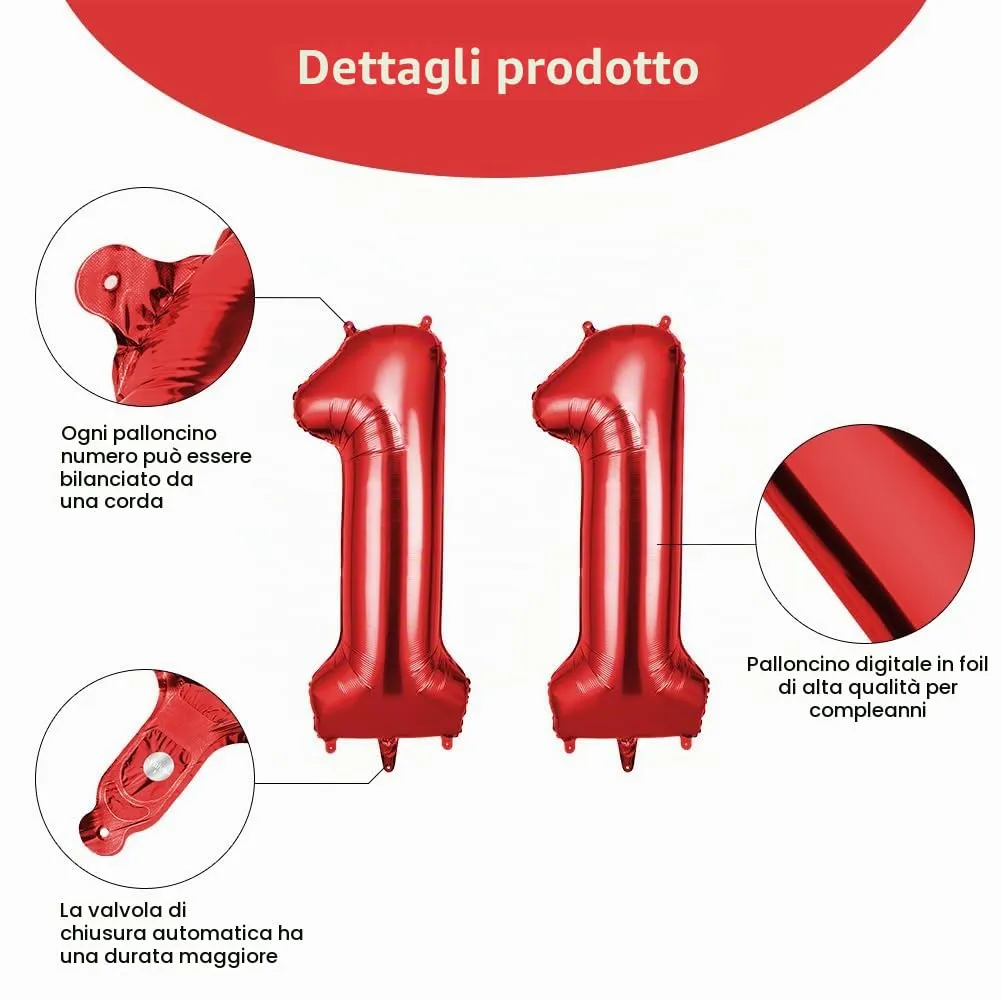 OFFCUP Palloncini Numero 11 in Foil, Rosso, 101 cm - immagine 3