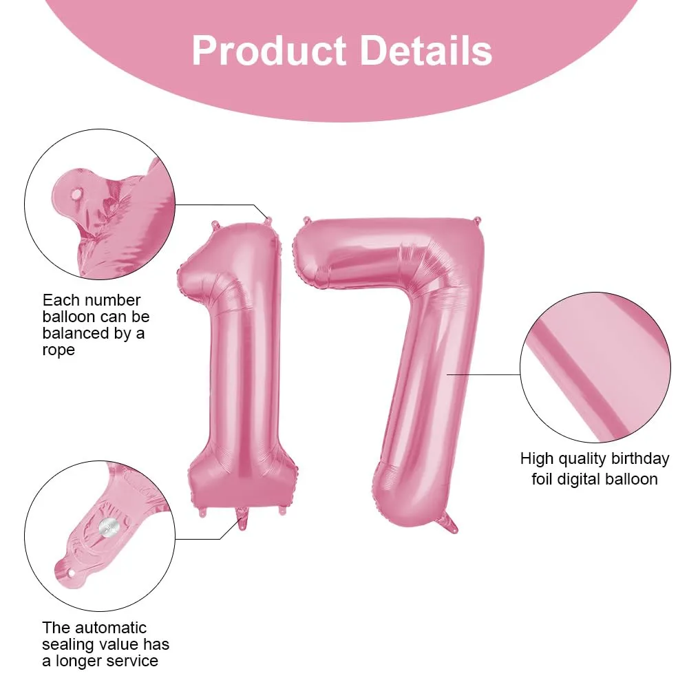 OFFCUP Palloncini Compleanno Rosa 101 cm, Numero 17/71 - immagine 3