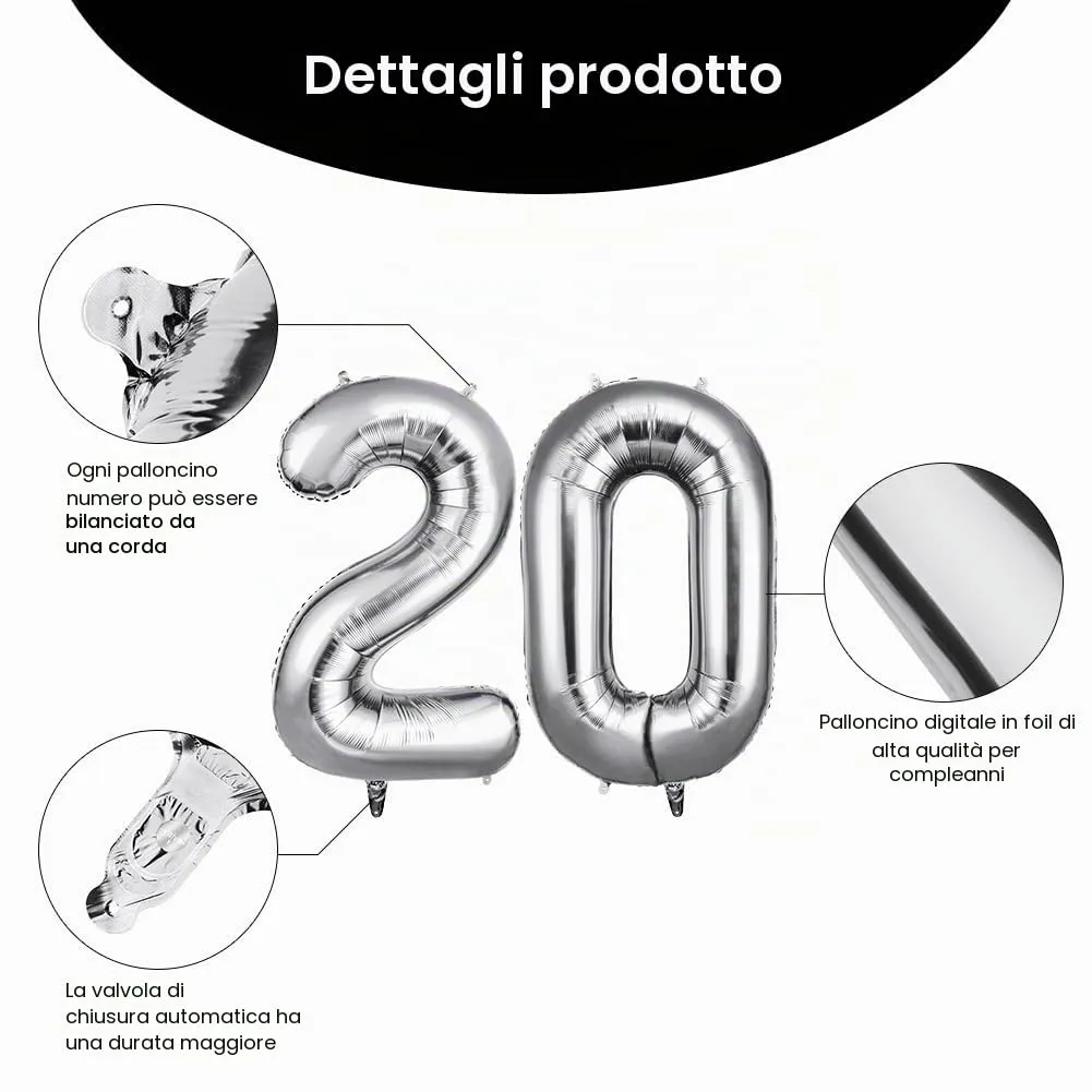 OFFCUP Palloncini Numero 20 Argento, 101 cm - immagine 3