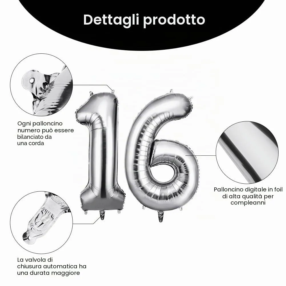 OFFCUP Palloncini Numero 16/61 Argento 101 cm - immagine 3