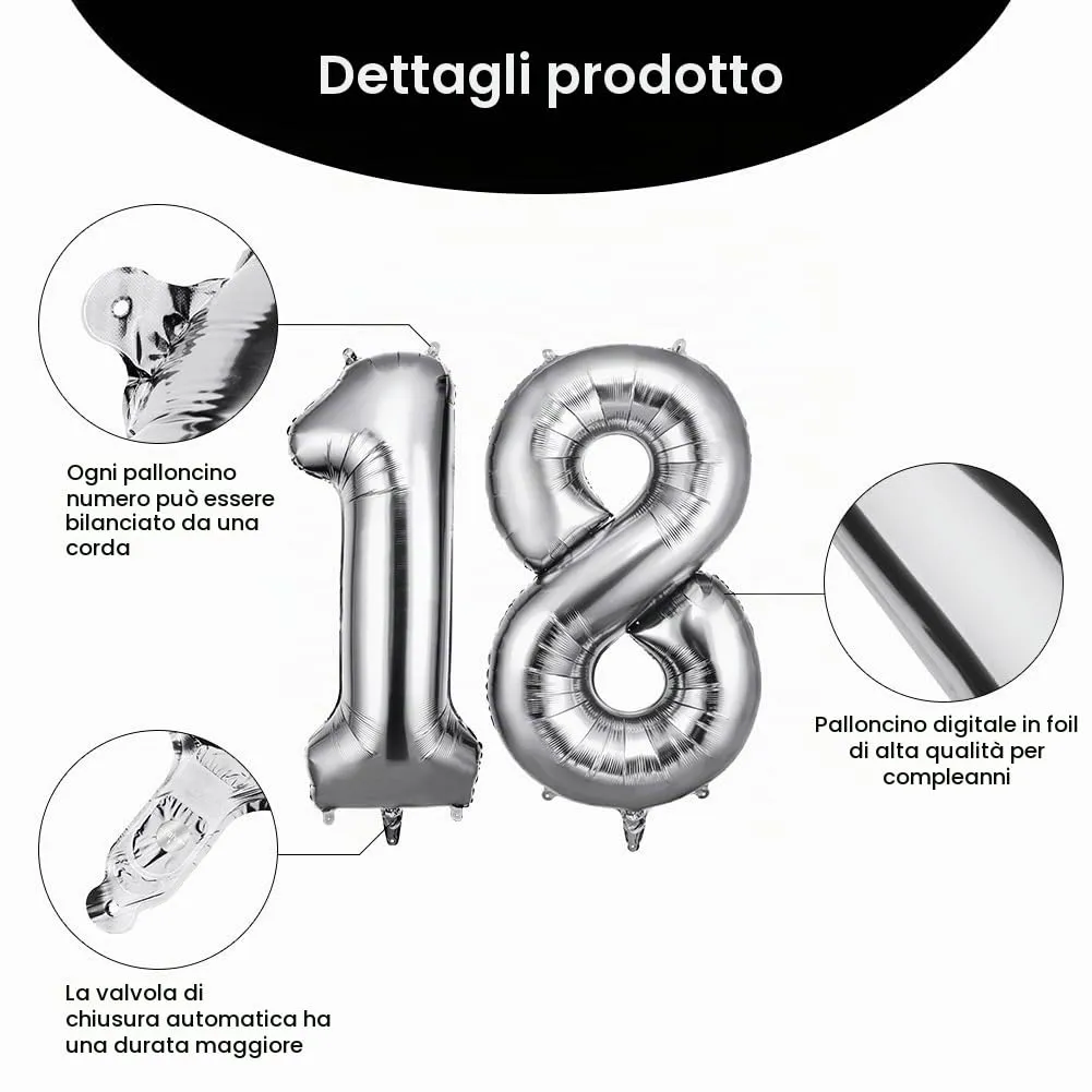 OFFCUP Palloncini Compleanno Argento 101 cm, Numero 18/81 - immagine 3