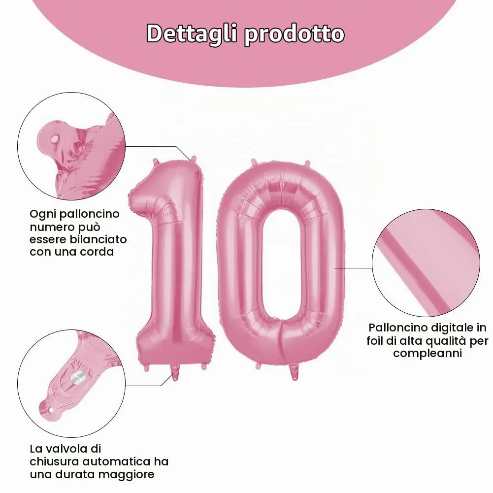 OFFCUP Palloncini Compleanno Numero 10, Rosa, 101 cm - immagine 3
