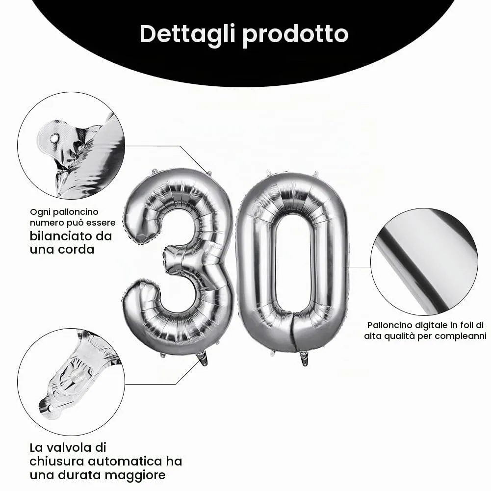 OFFCUP Palloncini Compleanno Argento 101 cm, Numero 30 - immagine 3