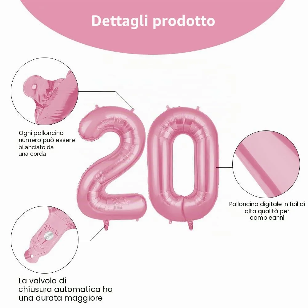 OFFCUP Palloncini Compleanno Rosa 101 cm, Numero 20 - immagine 3