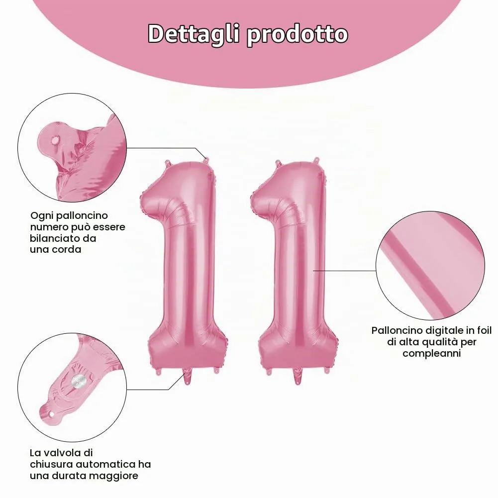 OFFCUP Palloncini Compleanno Rosa, Numero 11, Foil, 101 cm - immagine 3