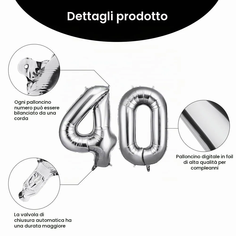 OFFCUP Palloncini Compleanno Argento 101 cm, Numero 40 - immagine 3
