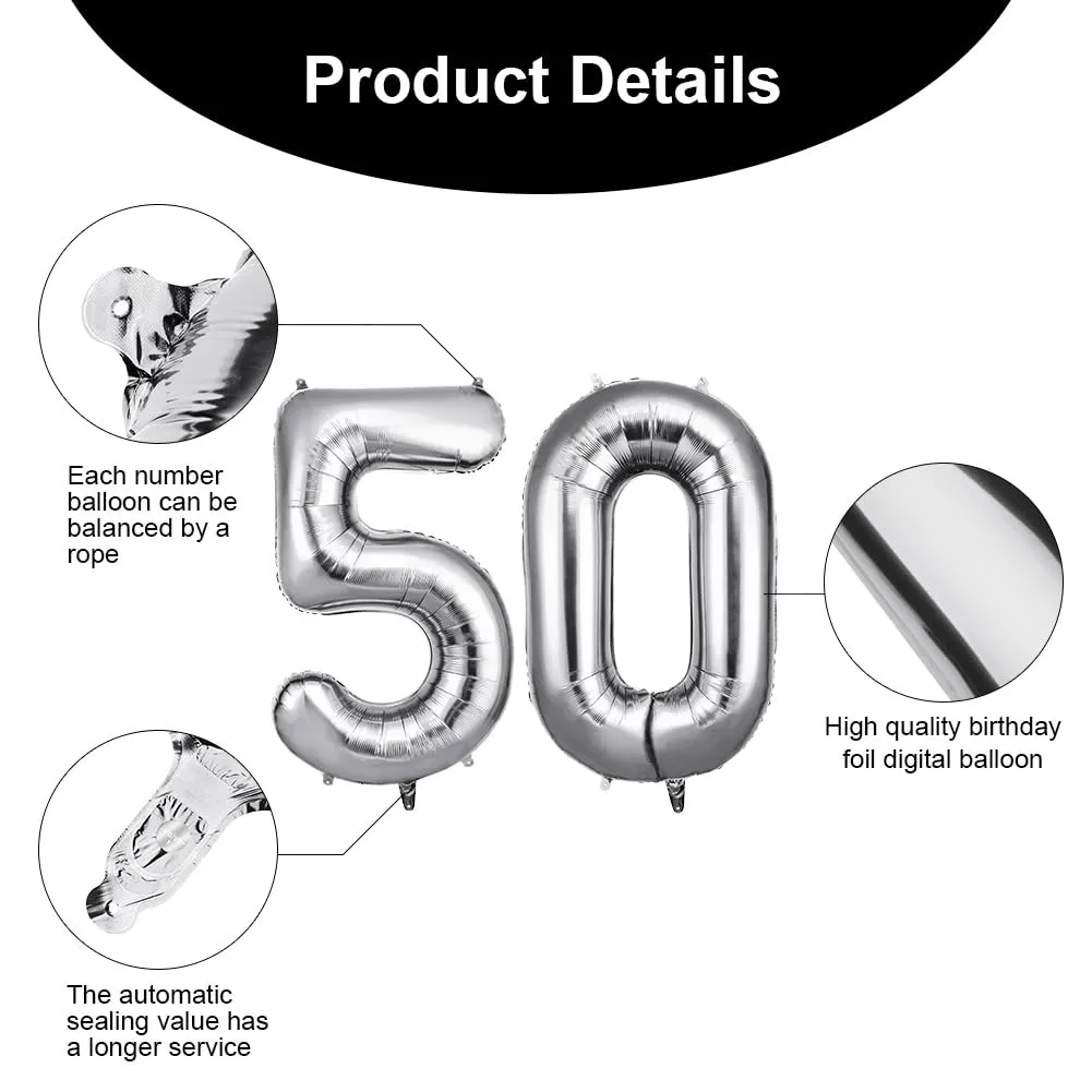 OFFCUP Palloncini Compleanno Argento 101 cm, Numero 50 - immagine 3