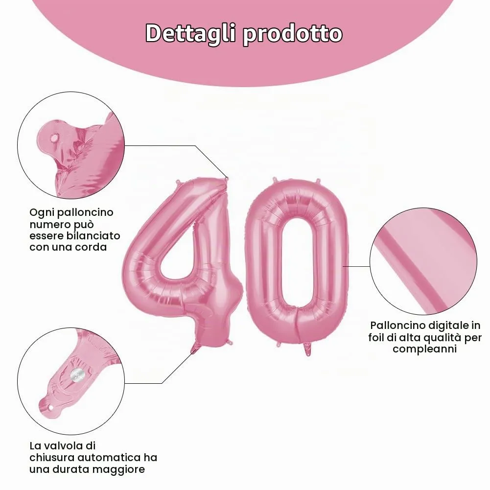 OFFCUP Palloncini Compleanno Rosa 101 cm, Numero 40 - immagine 3