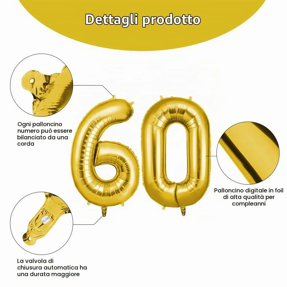 OFFCUP Palloncini Compleanno Oro Numero 60, 101 cm - immagine 3