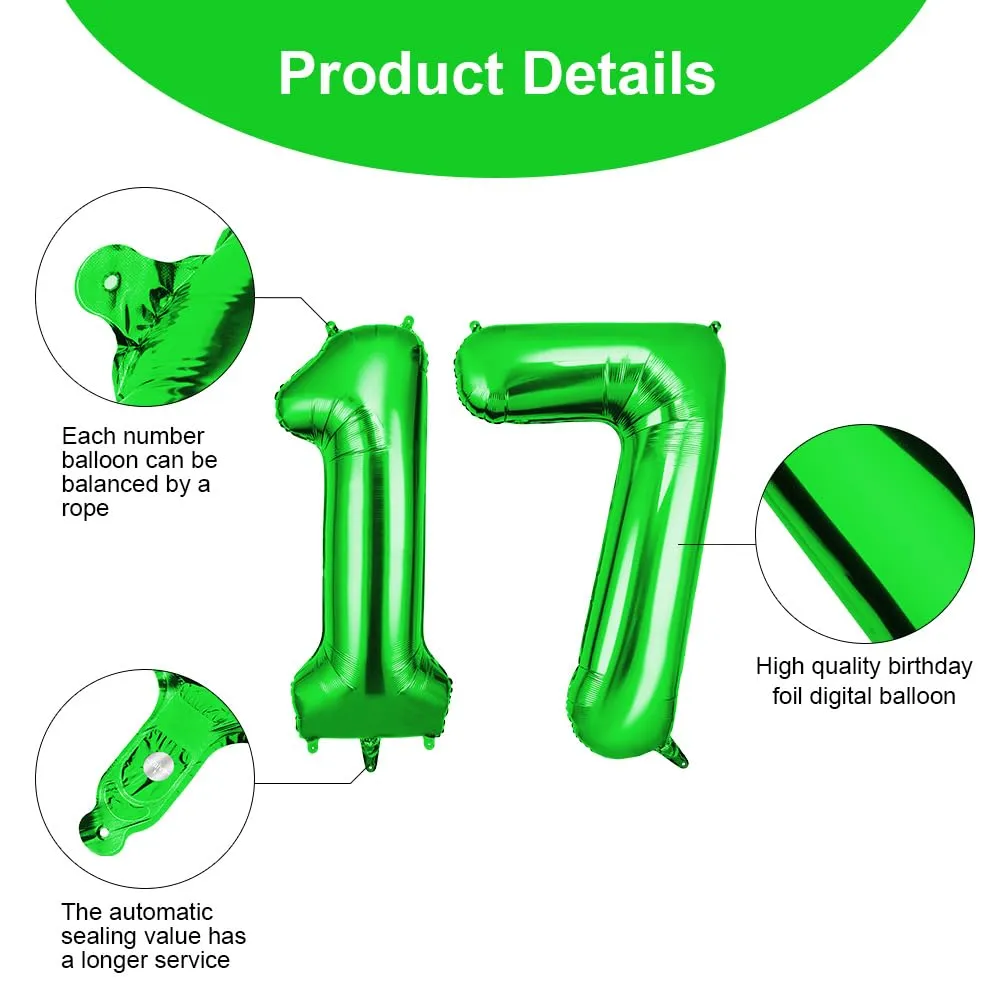 OFFCUP Palloncini Compleanno Verde 101 cm, Numero 17/71 - immagine 3