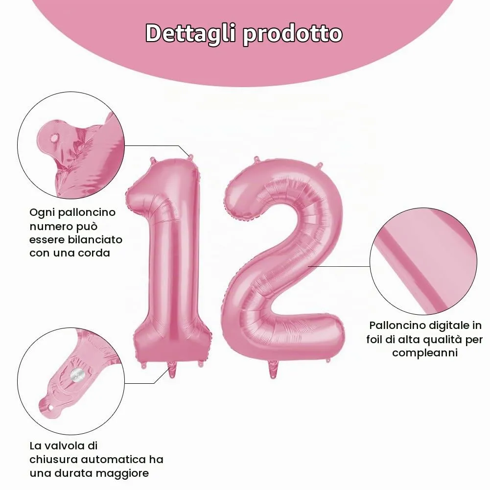 OFFCUP Palloncini Compleanno Rosa 101 cm, Numero 12 - immagine 3