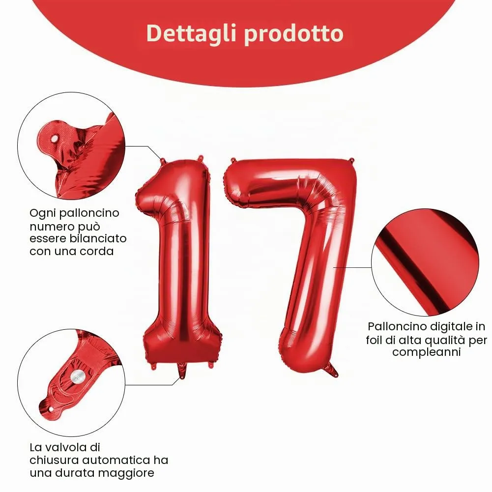 OFFCUP Palloncini Compleanno Rosso 101 cm, Numero 17/71 - immagine 3