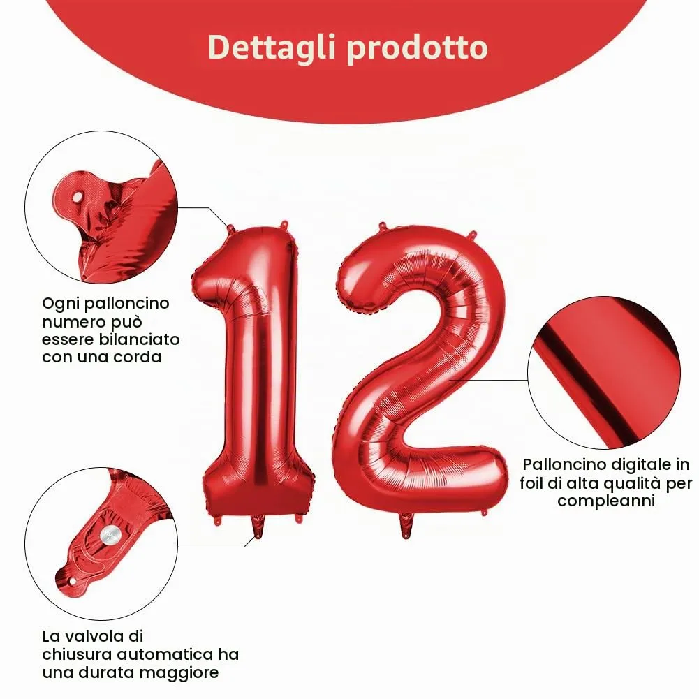 OFFCUP Palloncini Compleanno Numero 12, Rosso, 101 cm - immagine 3