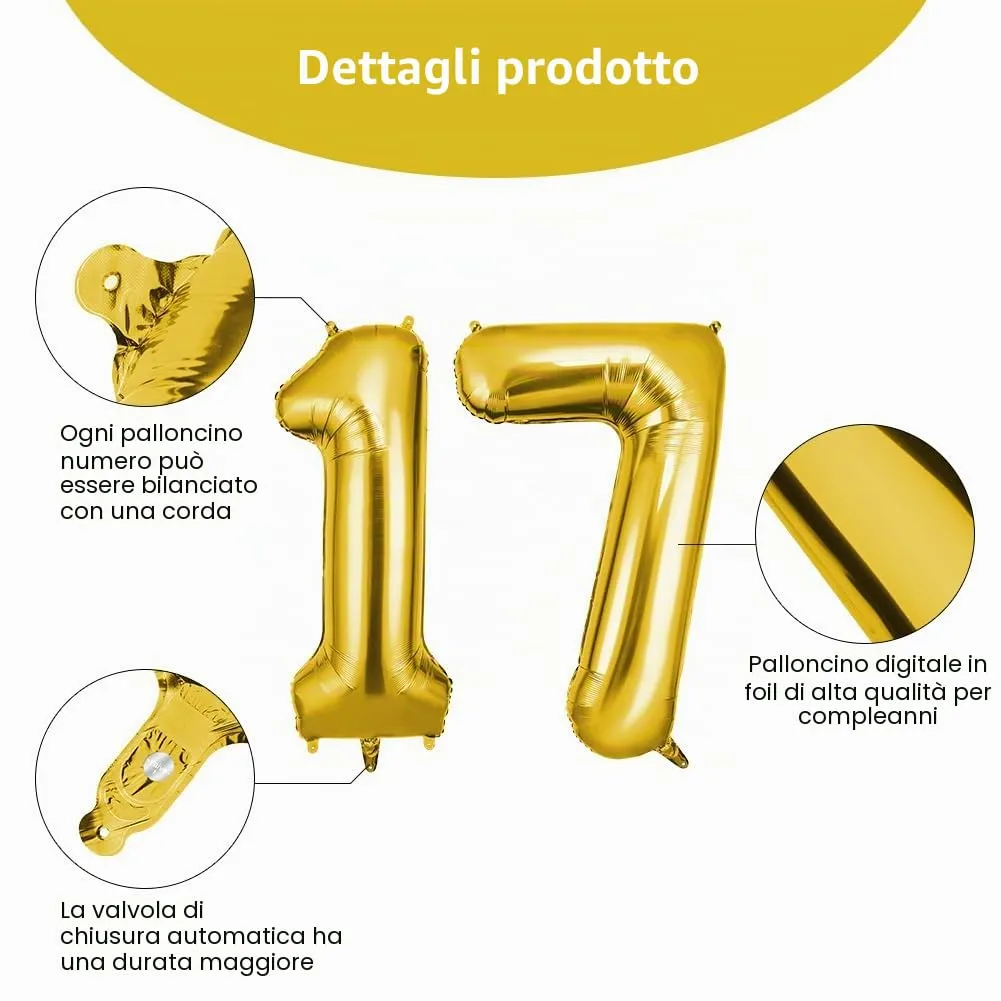 OFFCUP Palloncini Compleanno Oro 101 cm Numero 17/71 - immagine 3