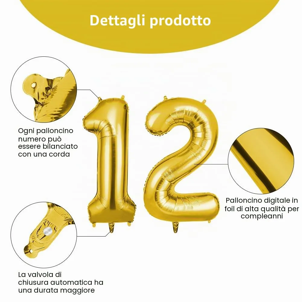 OFFCUP Palloncini Compleanno Oro 101 cm, Numero 12 - immagine 3
