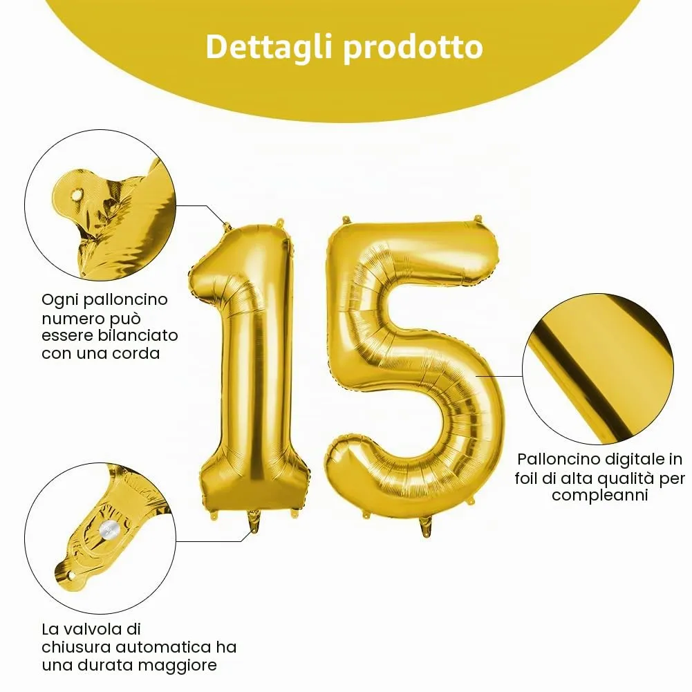 OFFCUP Palloncini Compleanno Oro 101 cm, Numero 15/51 - immagine 3