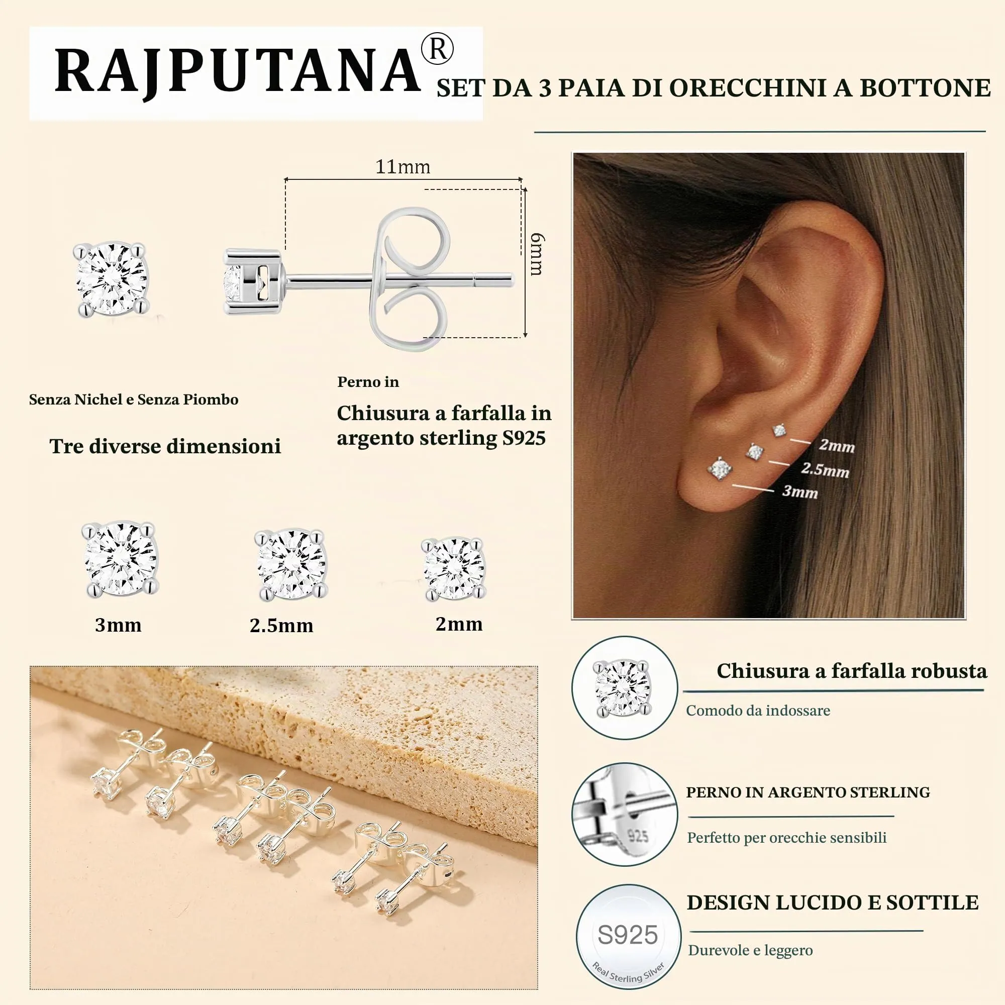 Rajputana Set di 3 Paia di Orecchini a Perno in Argento Sterling 925 con Stelle, Puntini e Cuore CZ - immagine 3