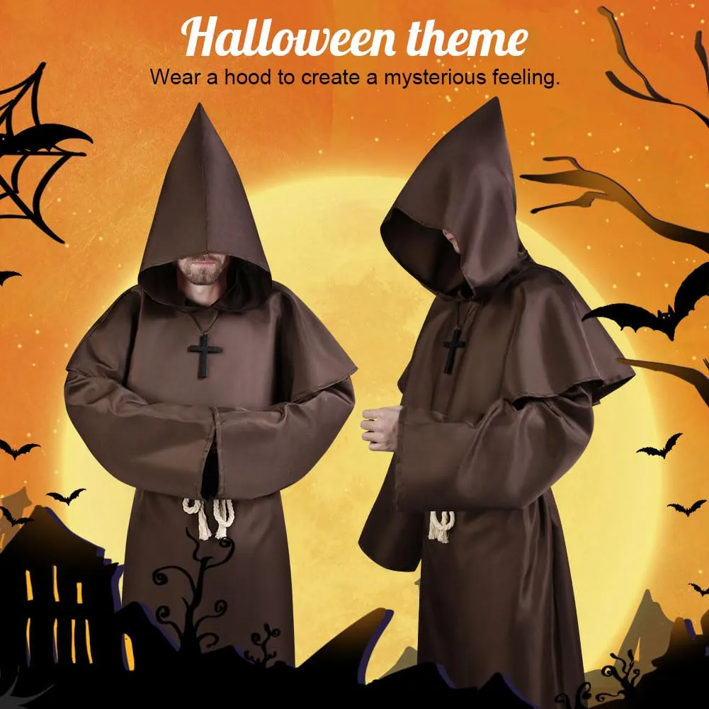 Aomig Costume da Monaco Medievale Rinascimentale con Cappuccio e Accessori, Marrone, 2XL - immagine 2