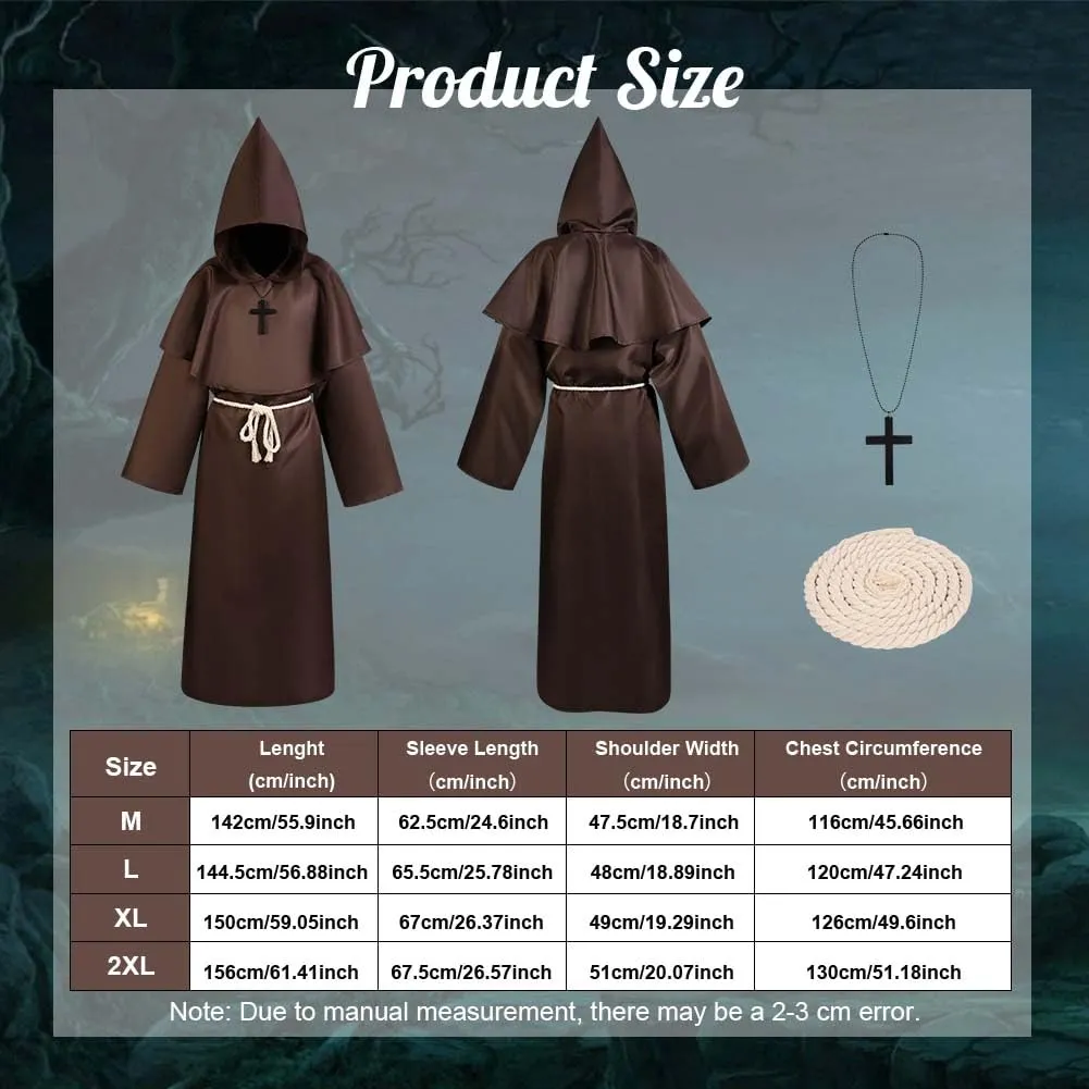 Aomig Costume da Monaco Medievale Rinascimentale con Cappuccio e Accessori, Marrone, 2XL - immagine 3