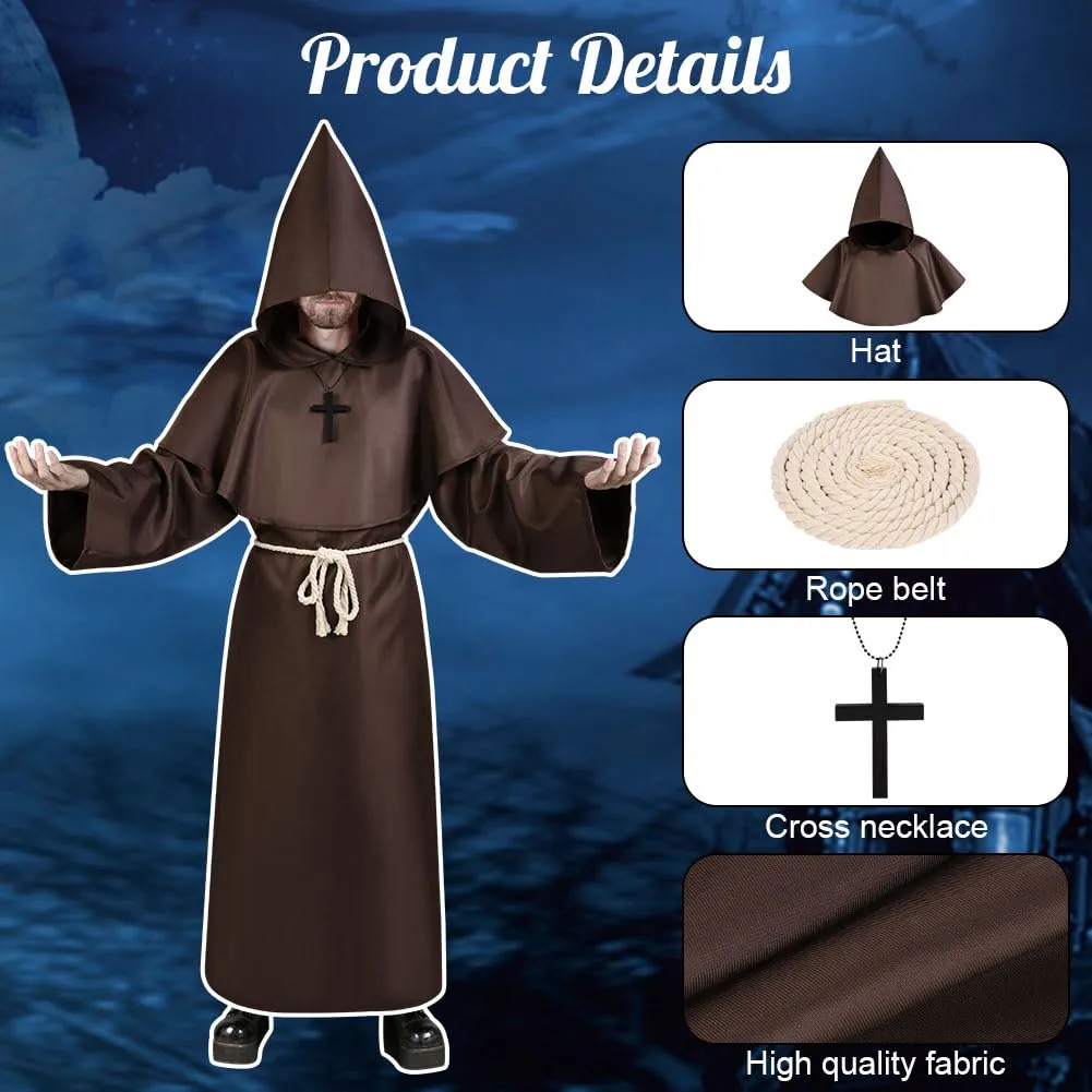 Aomig Costume da Monaco Medievale Rinascimentale con Cappuccio e Accessori, Marrone, 2XL - immagine 4