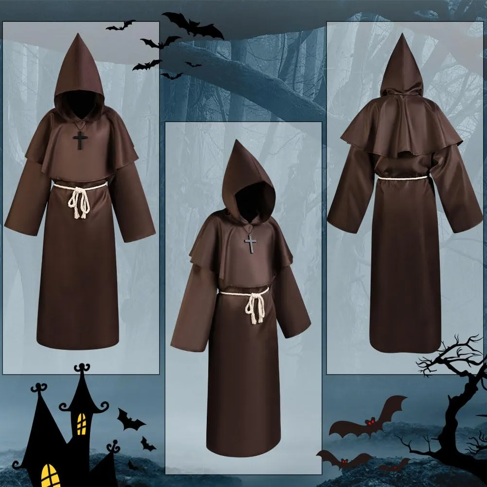 Aomig Costume da Monaco Medievale Rinascimentale con Cappuccio e Accessori, Marrone, 2XL - immagine 5