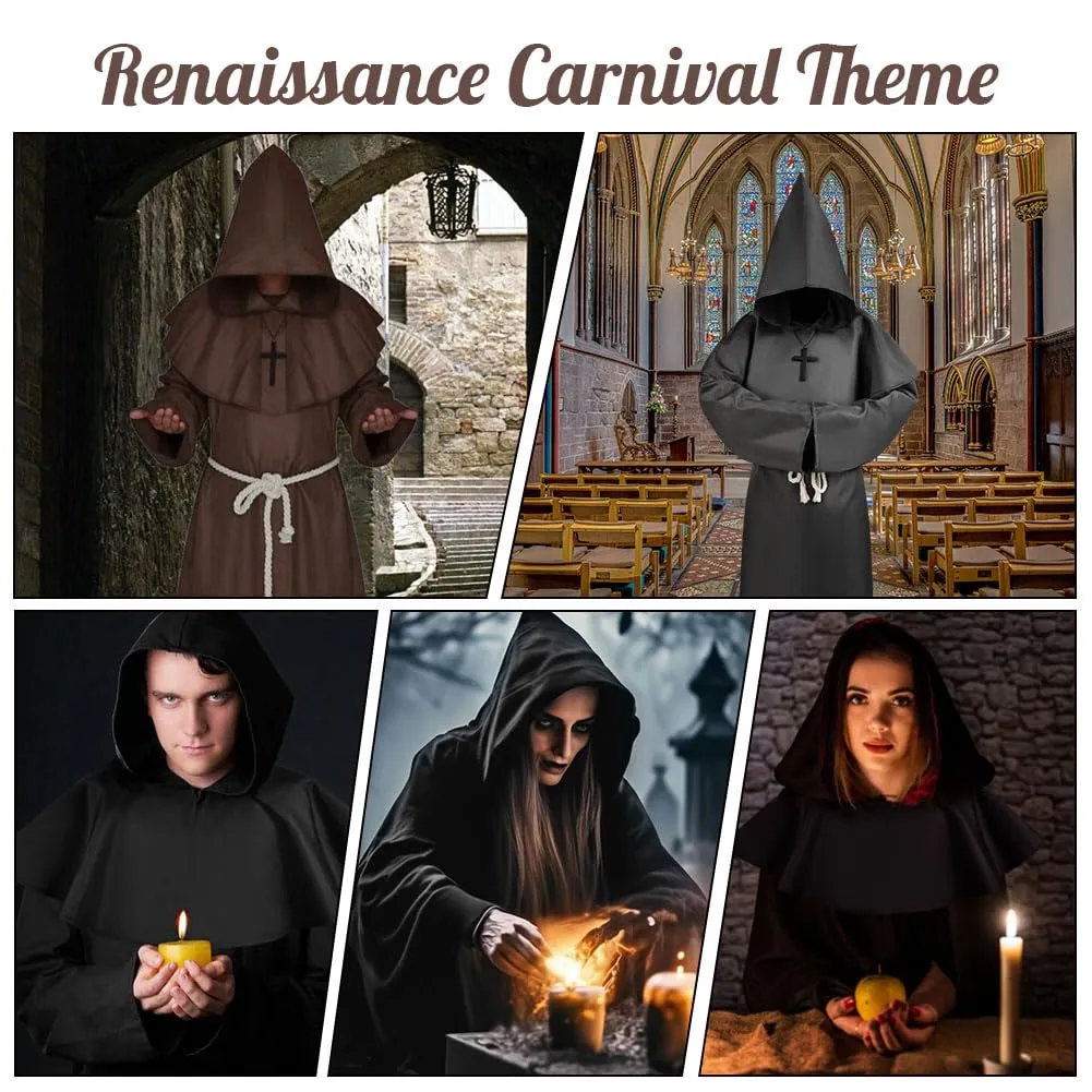 Aomig Costume da Monaco Medievale Rinascimentale con Cappuccio e Accessori, Marrone, 2XL - immagine 7