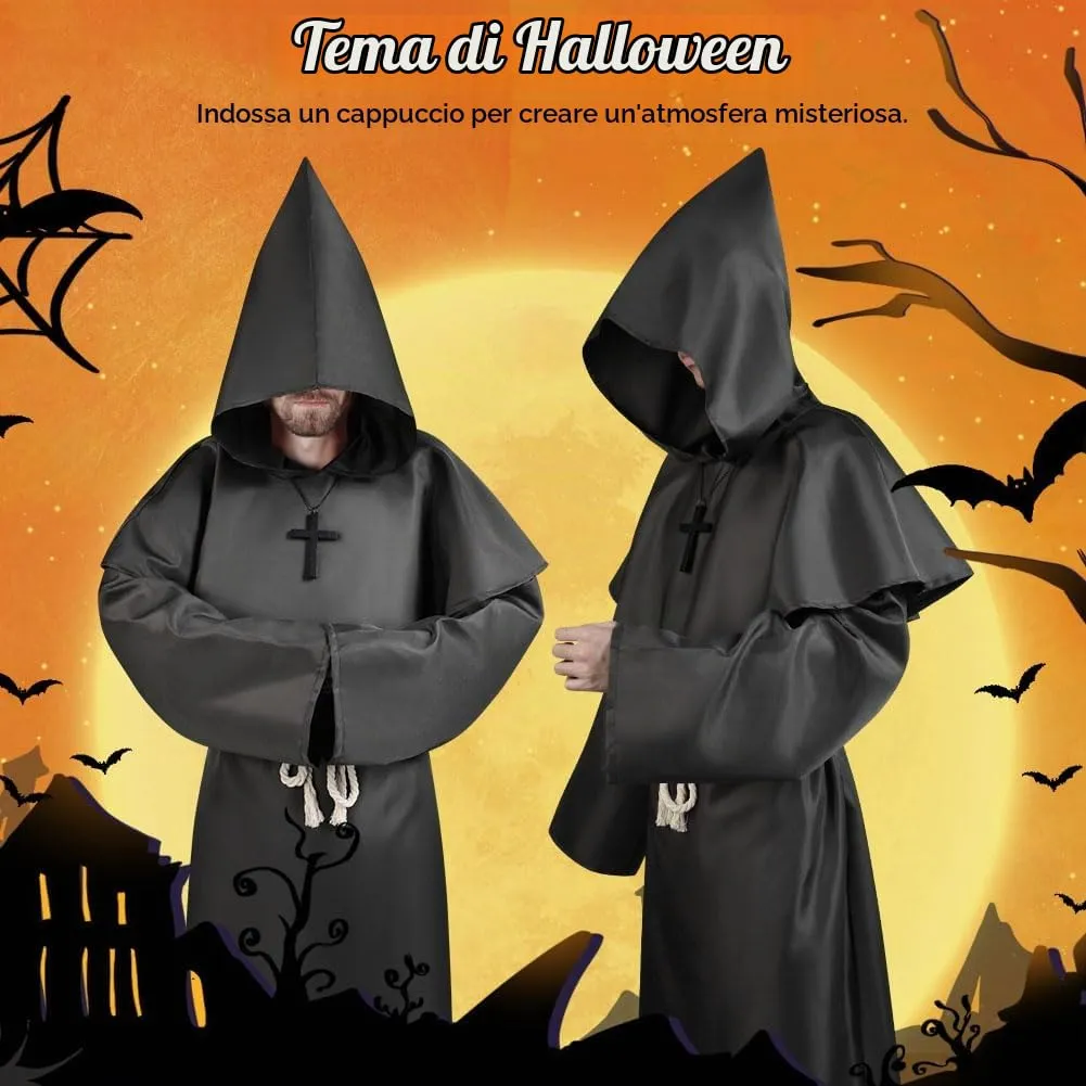 Aomig Costume da Monaco Medievale Rinascimentale con Cappuccio, Collana e Cintura (Nero-2XL) - immagine 2