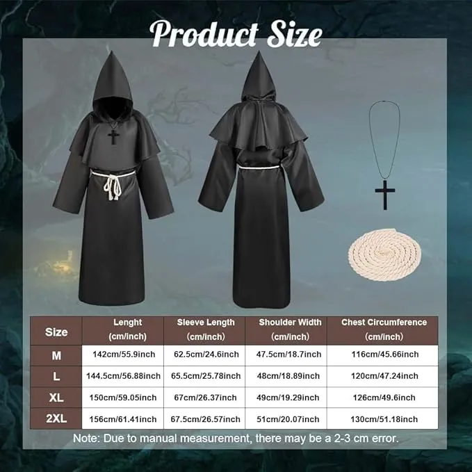 Aomig Costume da Monaco Medievale Rinascimentale con Cappuccio, Collana e Cintura (Nero-2XL) - immagine 3