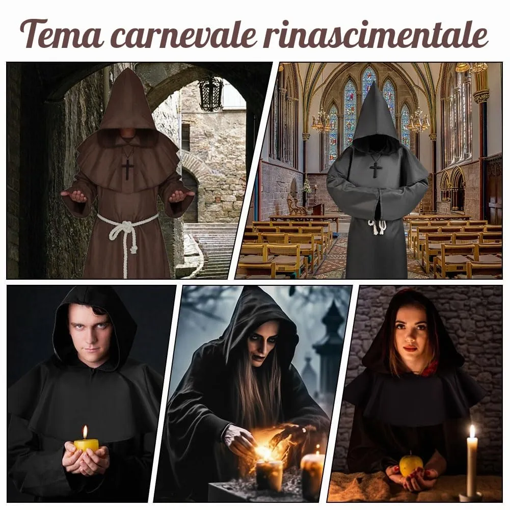 Aomig Costume da Monaco Medievale Rinascimentale con Cappuccio, Collana e Cintura (Nero-2XL) - immagine 7