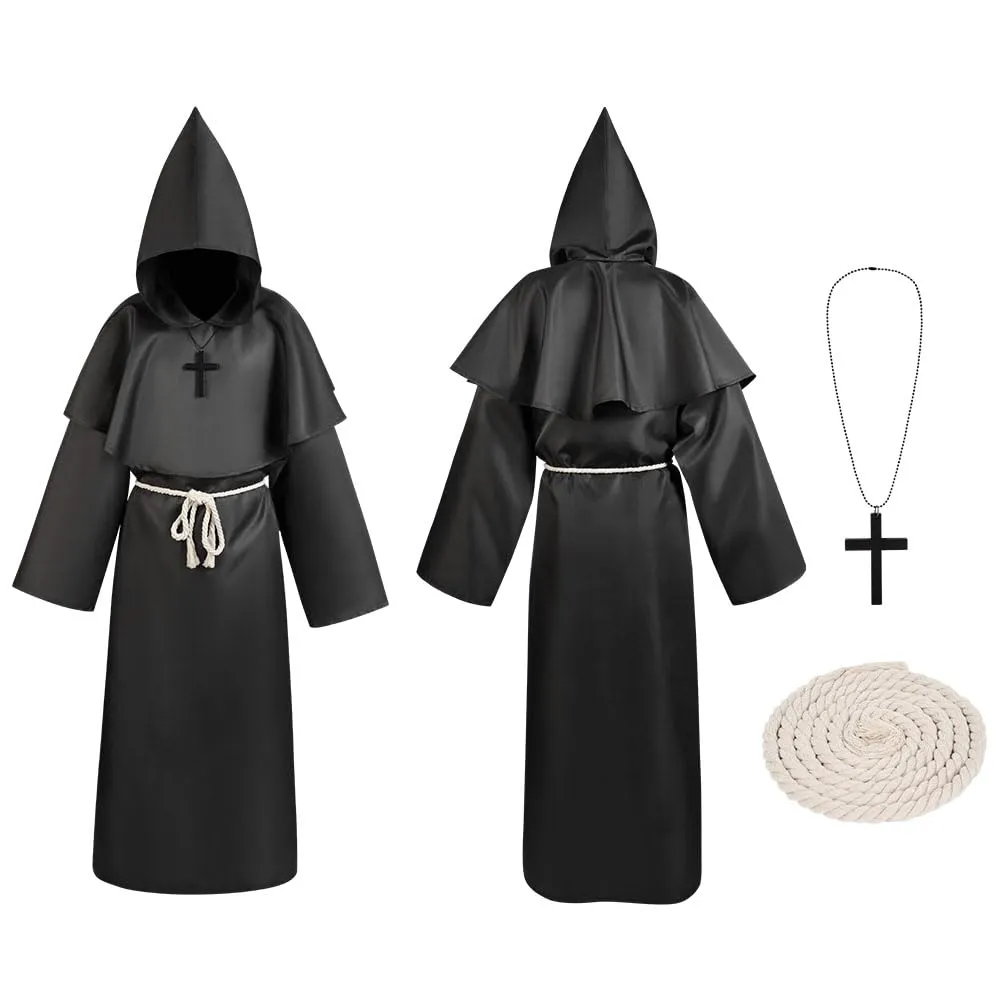 Aomig Costume da Monaco Medievale Rinascimentale con Cappuccio, Collana e Cintura (Nero-2XL) - immagine 8