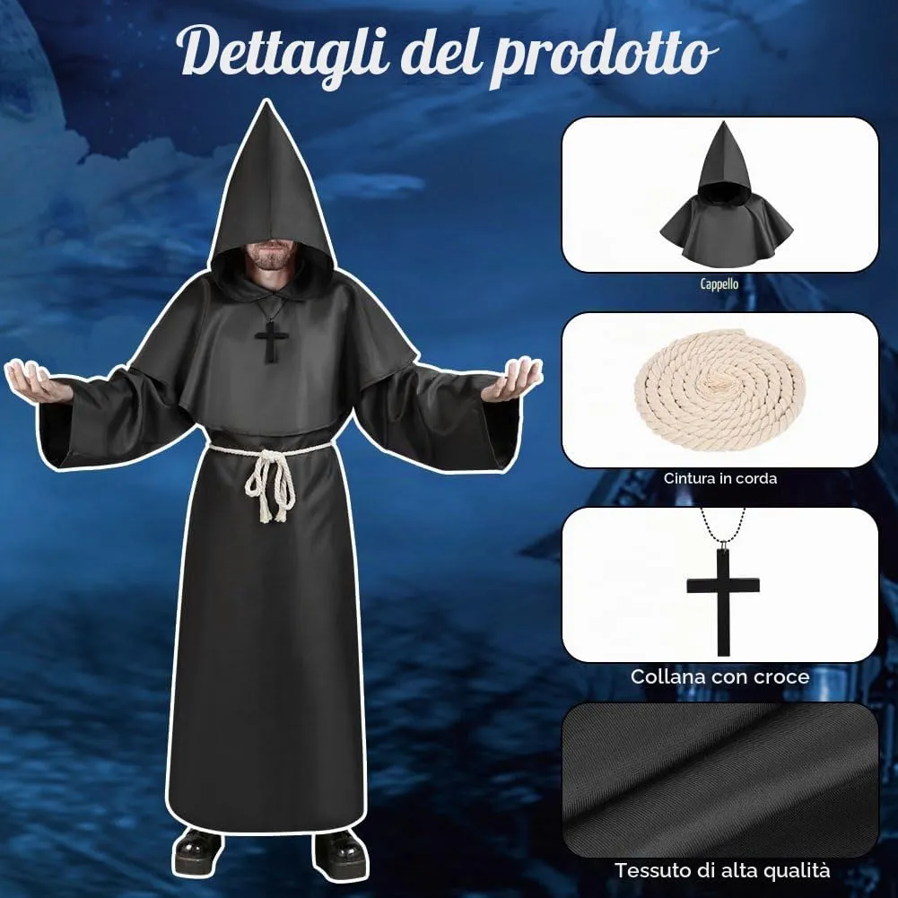 Aomig Costume da Monaco Medievale Rinascimentale per Adulti, Nero, XL - immagine 4