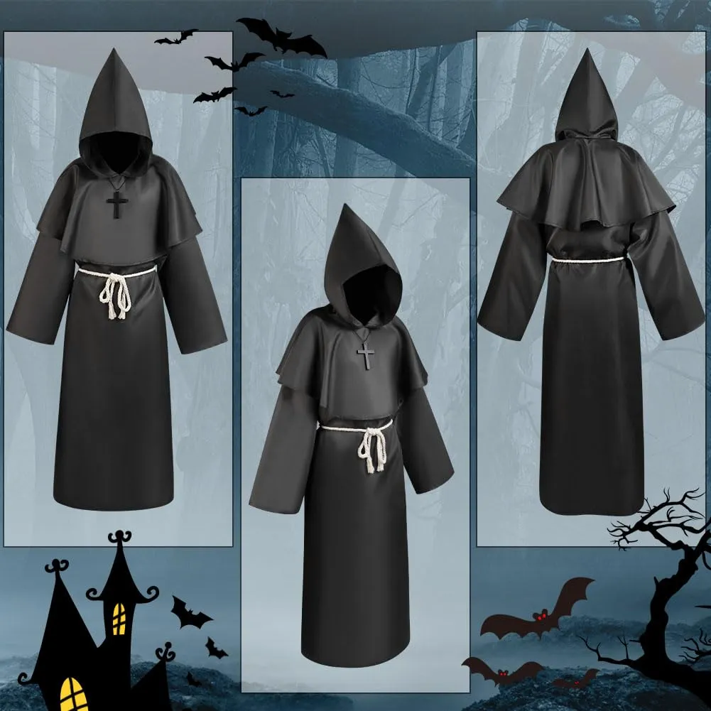 Aomig Costume da Monaco Medievale Rinascimentale per Adulti, Nero, XL - immagine 5