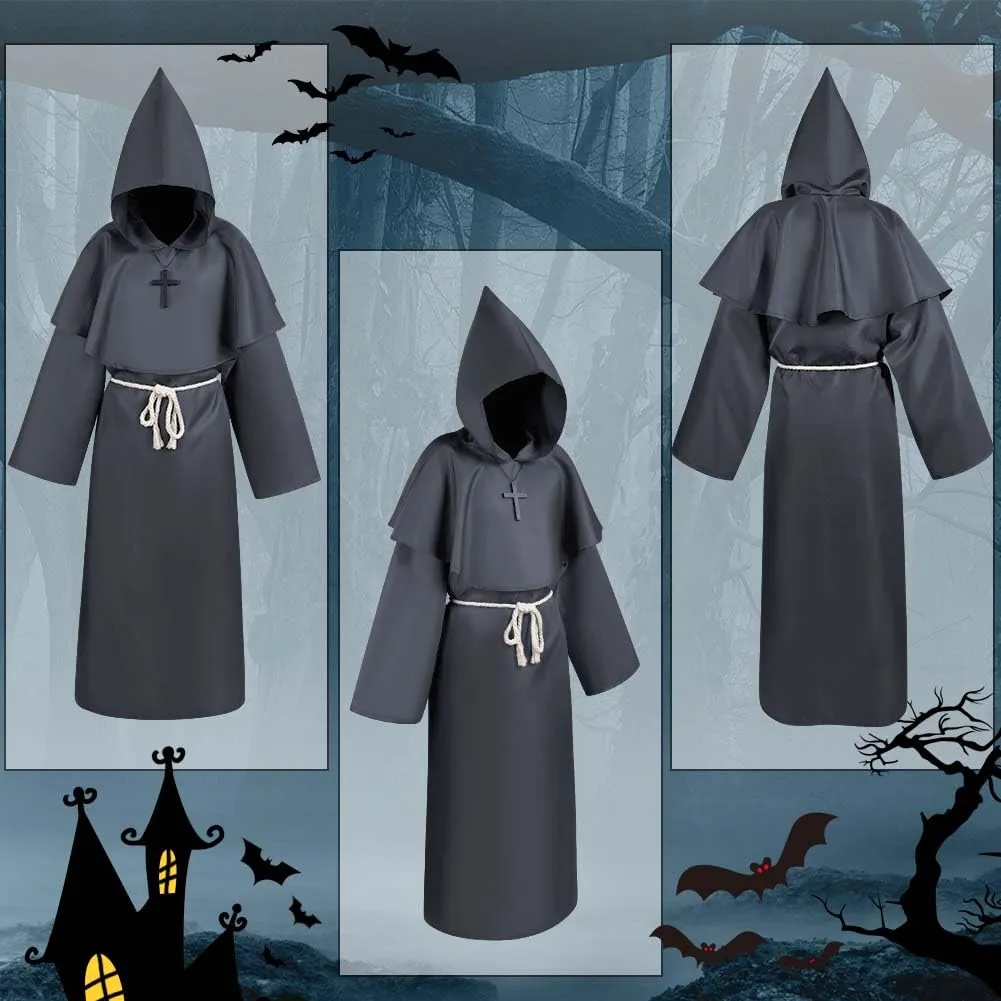 Aomig Costume da Monaco Medievale Rinascimentale per Adulti, Grigio Scuro-2XL - immagine 4