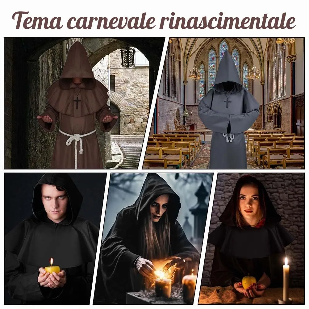 Aomig Costume da Monaco Medievale Rinascimentale per Adulti, Grigio Scuro-2XL - immagine 7