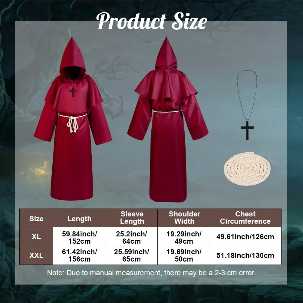 Aomig Costume da Monaco Medievale Rinascimentale con Cappuccio e Accessori (Rosso Scuro-XL) - immagine 2