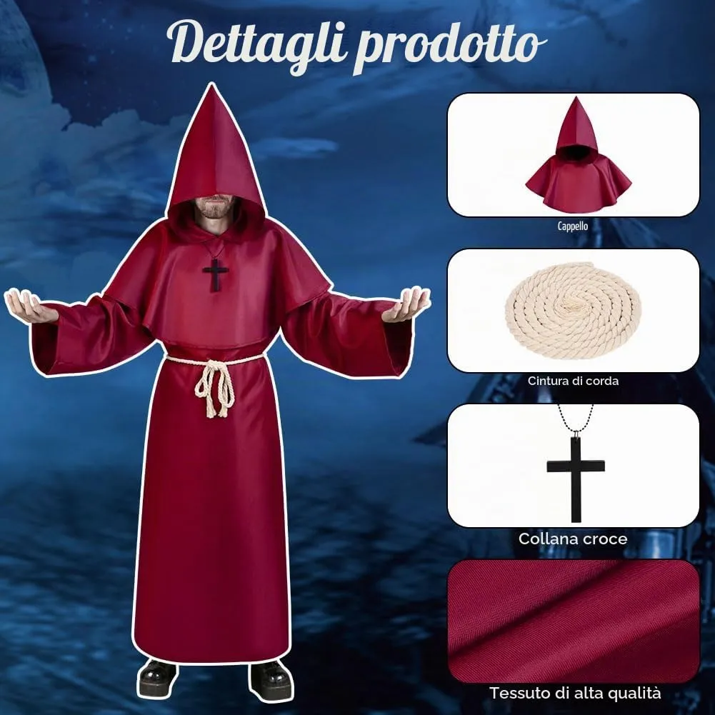 Aomig Costume da Monaco Medievale Rinascimentale con Cappuccio e Accessori (Rosso Scuro-XL) - immagine 3