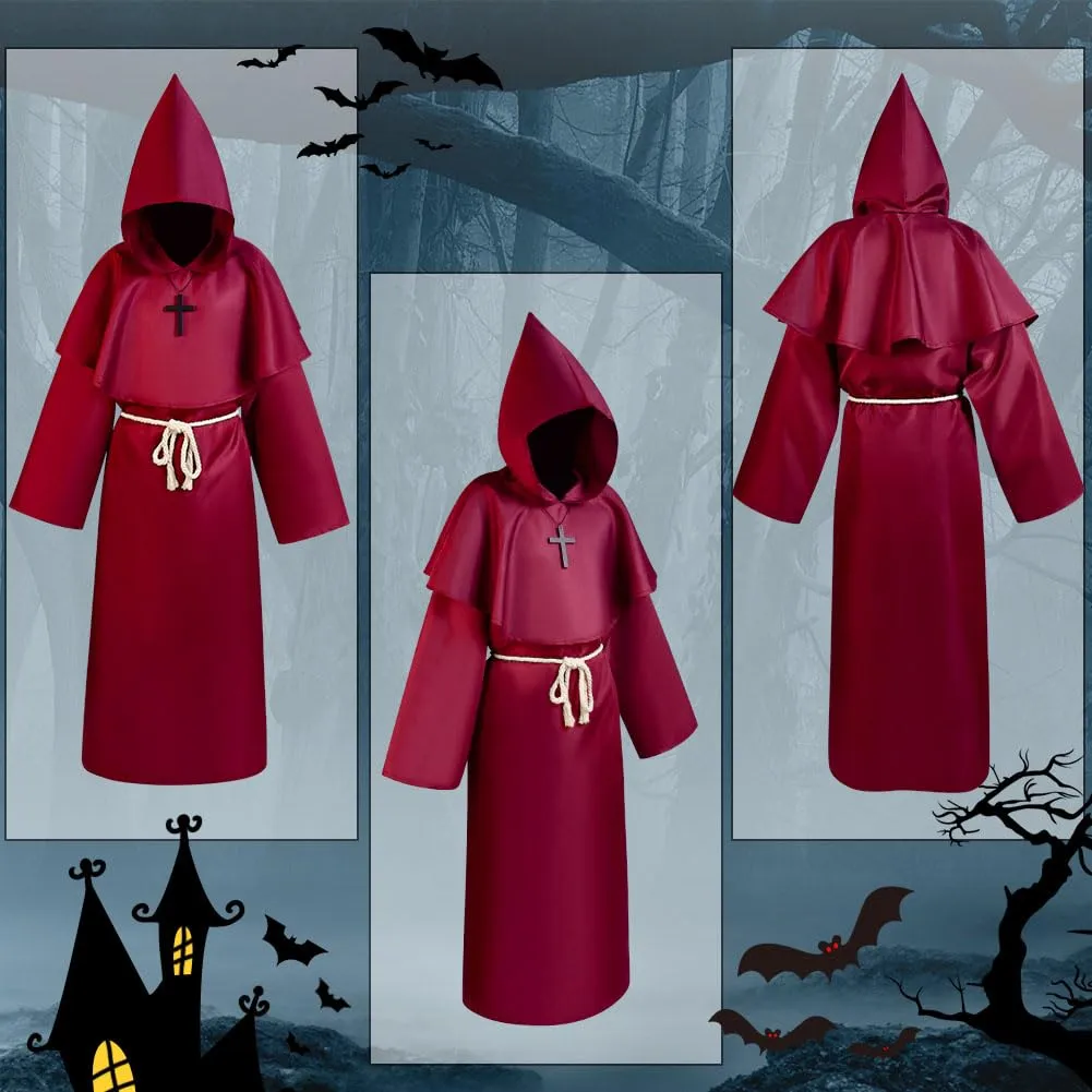 Aomig Costume da Monaco Medievale Rinascimentale con Cappuccio e Accessori (Rosso Scuro-XL) - immagine 4