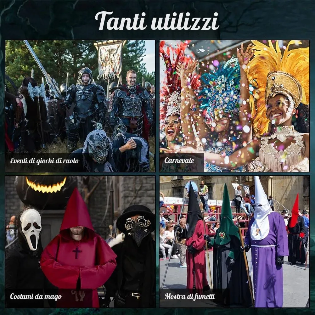 Aomig Costume da Monaco Medievale Rinascimentale con Cappuccio e Accessori (Rosso Scuro-XL) - immagine 6