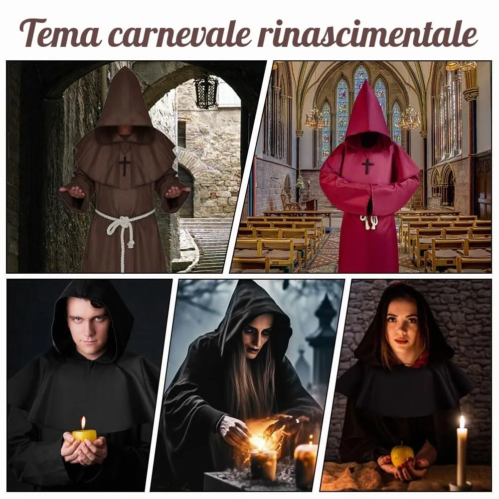 Aomig Costume da Monaco Medievale Rinascimentale con Cappuccio e Accessori (Rosso Scuro-XL) - immagine 7