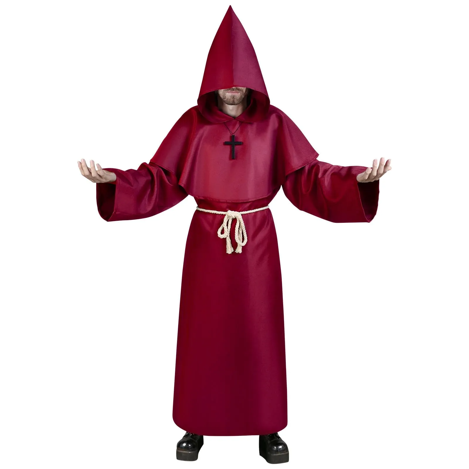 Aomig Costume da Monaco Medievale Rinascimentale con Cappuccio, Collana e Cintura, Rosso Scuro-2XL - immagine 1