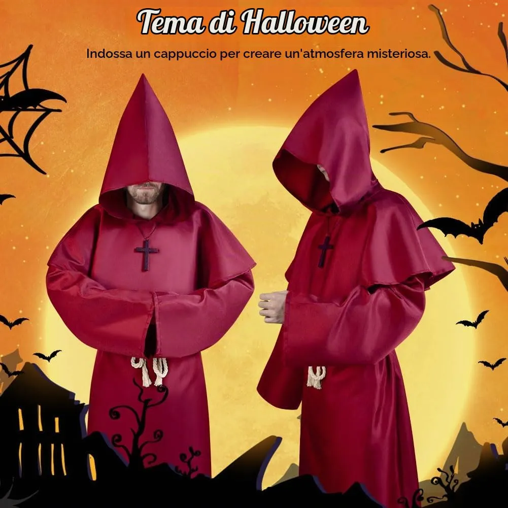 Aomig Costume da Monaco Medievale Rinascimentale con Cappuccio, Collana e Cintura, Rosso Scuro-2XL - immagine 5