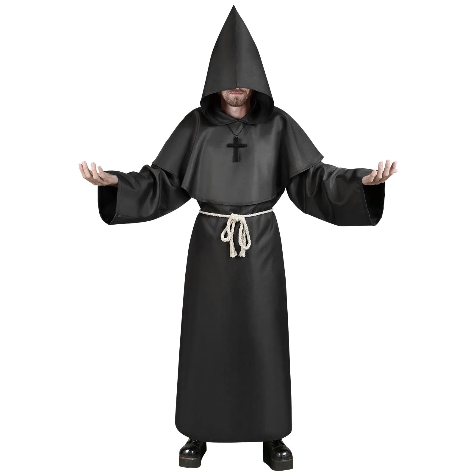 Aomig Costume da Monaco Medievale Rinascimentale con Cappuccio, Collana e Cintura, Nero, Taglia L - immagine 1