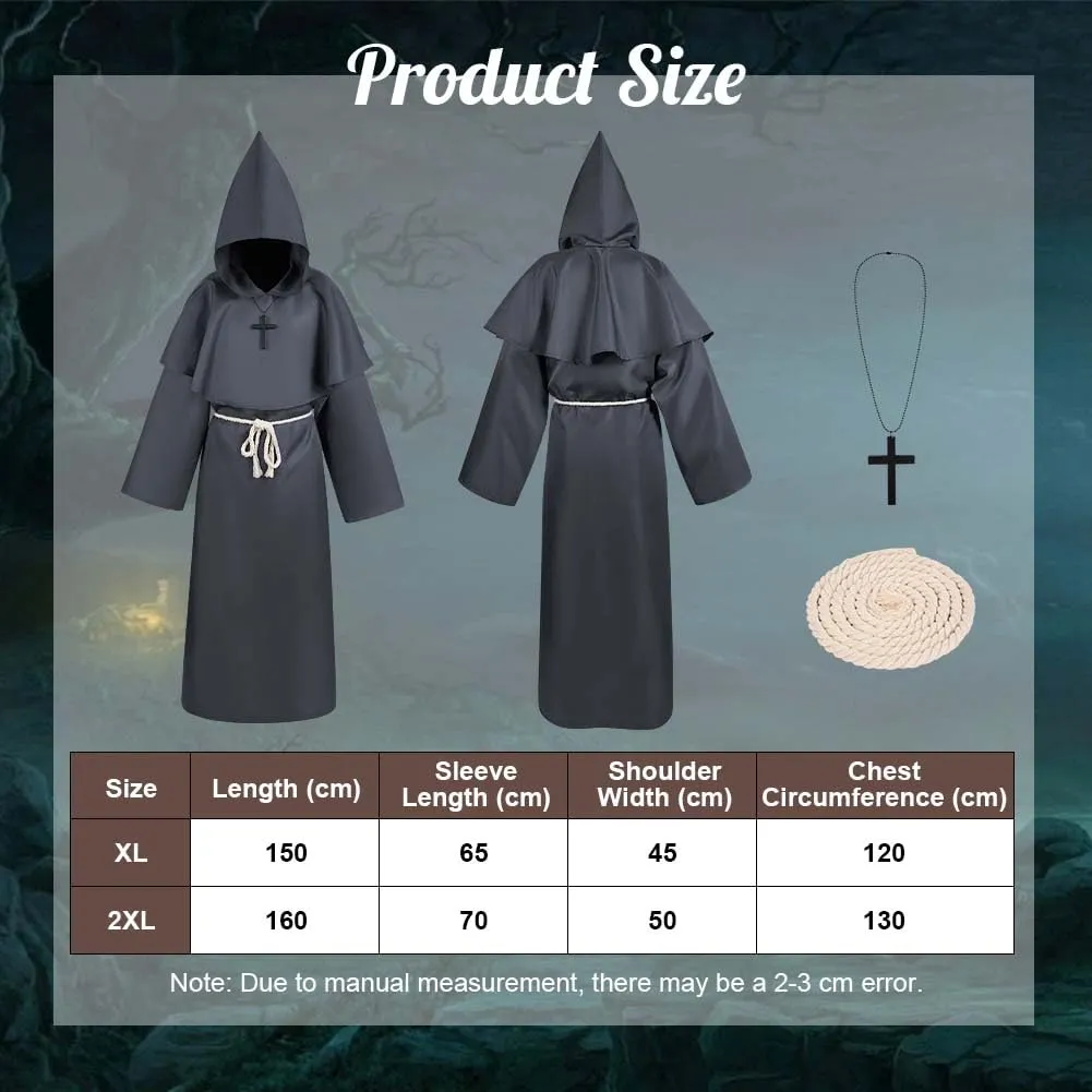 Aomig Costume da Monaco Medievale Rinascimentale, Robe da Prete per Adulti (Grigio Scuro, XL) - immagine 2