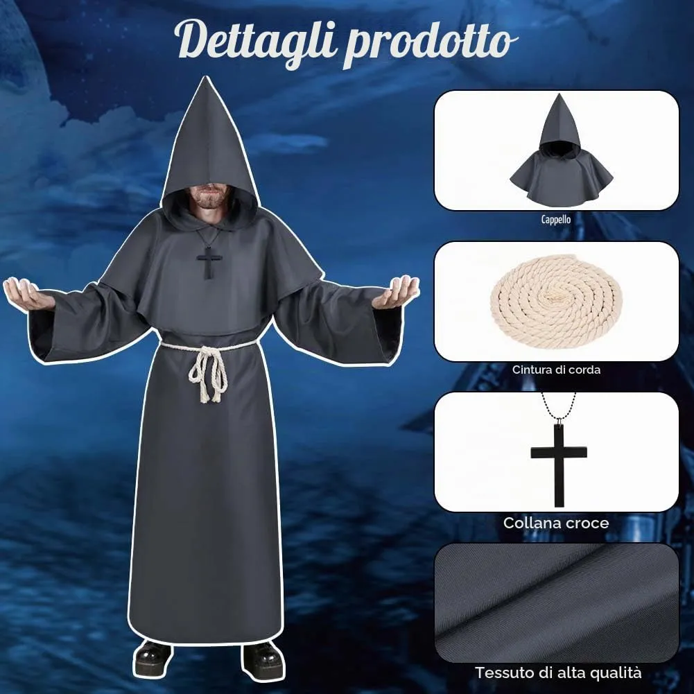 Aomig Costume da Monaco Medievale Rinascimentale, Robe da Prete per Adulti (Grigio Scuro, XL) - immagine 3