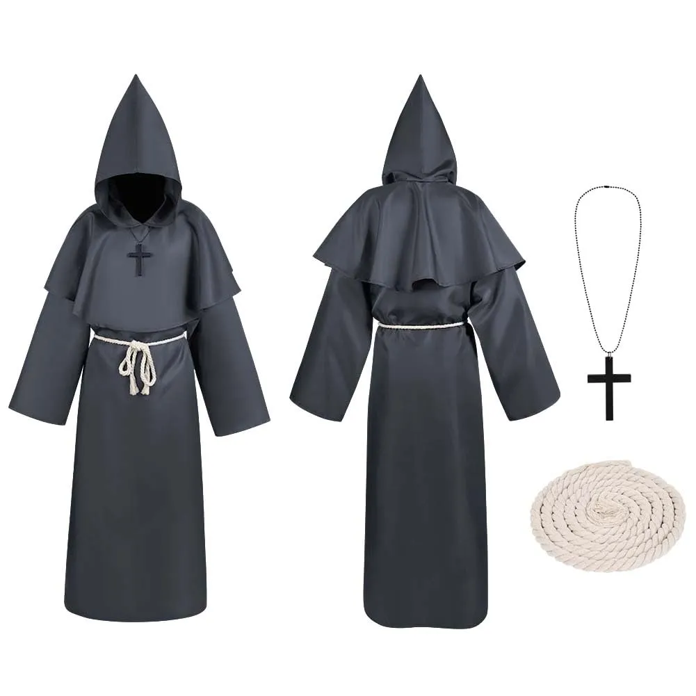 Aomig Costume da Monaco Medievale Rinascimentale, Robe da Prete per Adulti (Grigio Scuro, XL) - immagine 8