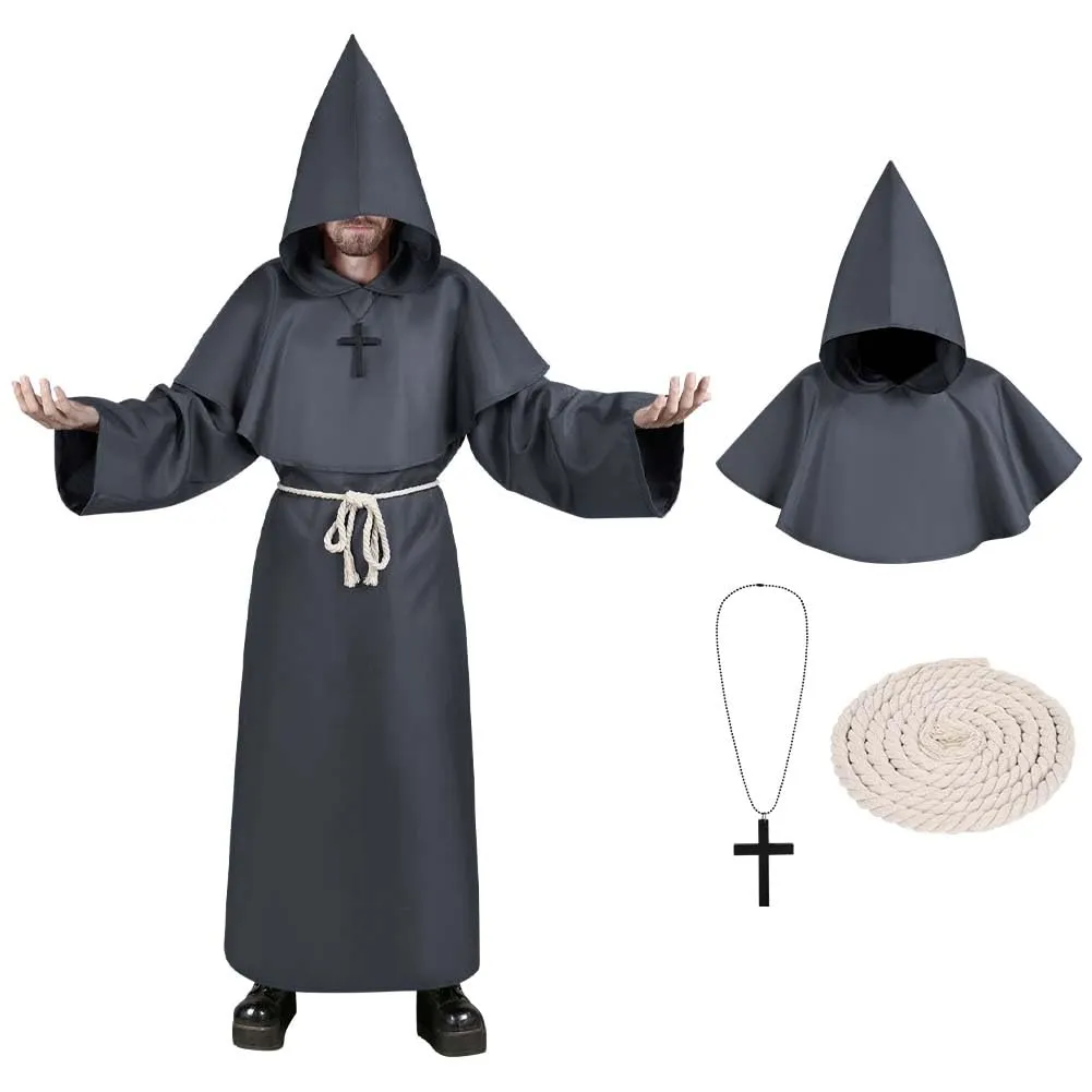 Aomig Costume da Monaco Medievale Rinascimentale, Robe da Prete per Adulti (Grigio Scuro, XL) - immagine 9